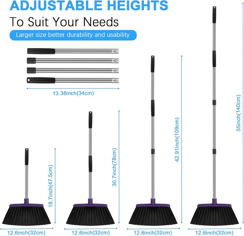 UDUK Heavy Duty Angle Broom, 55-Inch Long Handle Extra Wide 12.6 Inch Head, Stainless Steel Tube & PP Bristles for Pet Hair and Dust, Floor Safe - Black - Image 2